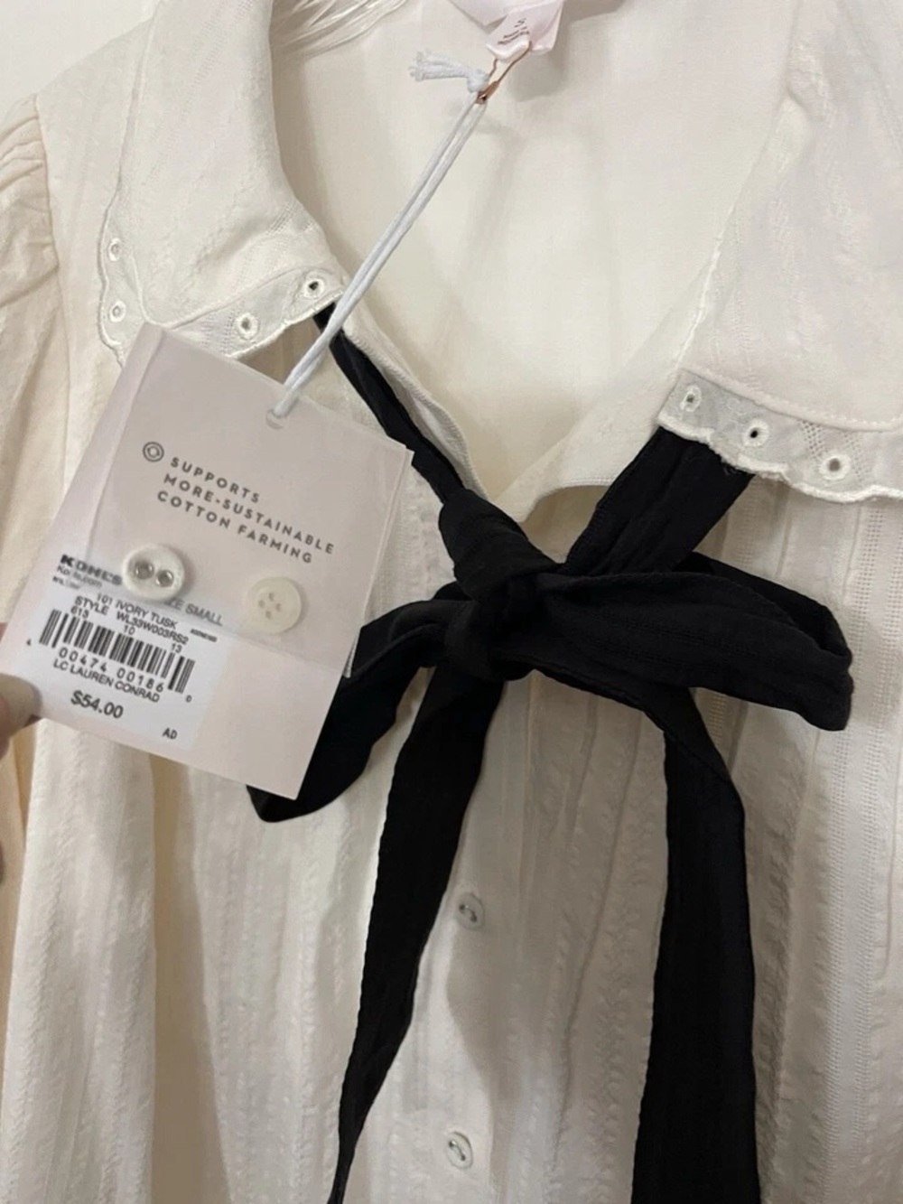 LC Lauren Conrad Ivory Button-Front Eyelet Collar Blouse with Black Bow - Picture 5 of 8